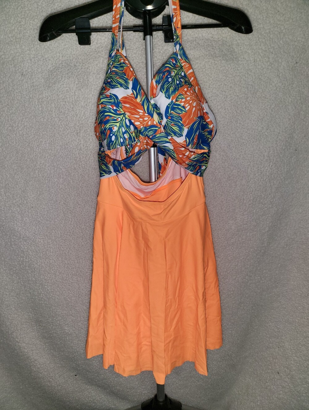 Women’s Orange Halter Swim Dress with Tropical Print Top